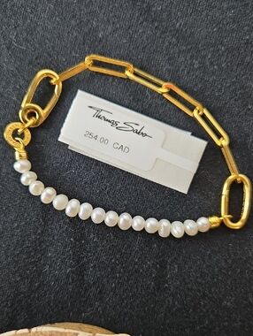 Thomas Sabo Gold Paperclip Chain Bracelet with White Pearls